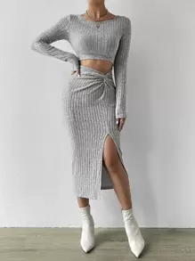 SHEIN Privé Cut Out Twist Front Split Thigh Bodycon Dress - Light Grey - View 4