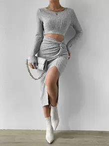 SHEIN Privé Cut Out Twist Front Split Thigh Bodycon Dress - Light Grey - View 6