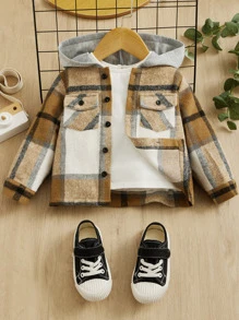 SHEIN 嬰兒1入組格紋翻蓋口袋連帽外套 - 棕色 - 查看 1