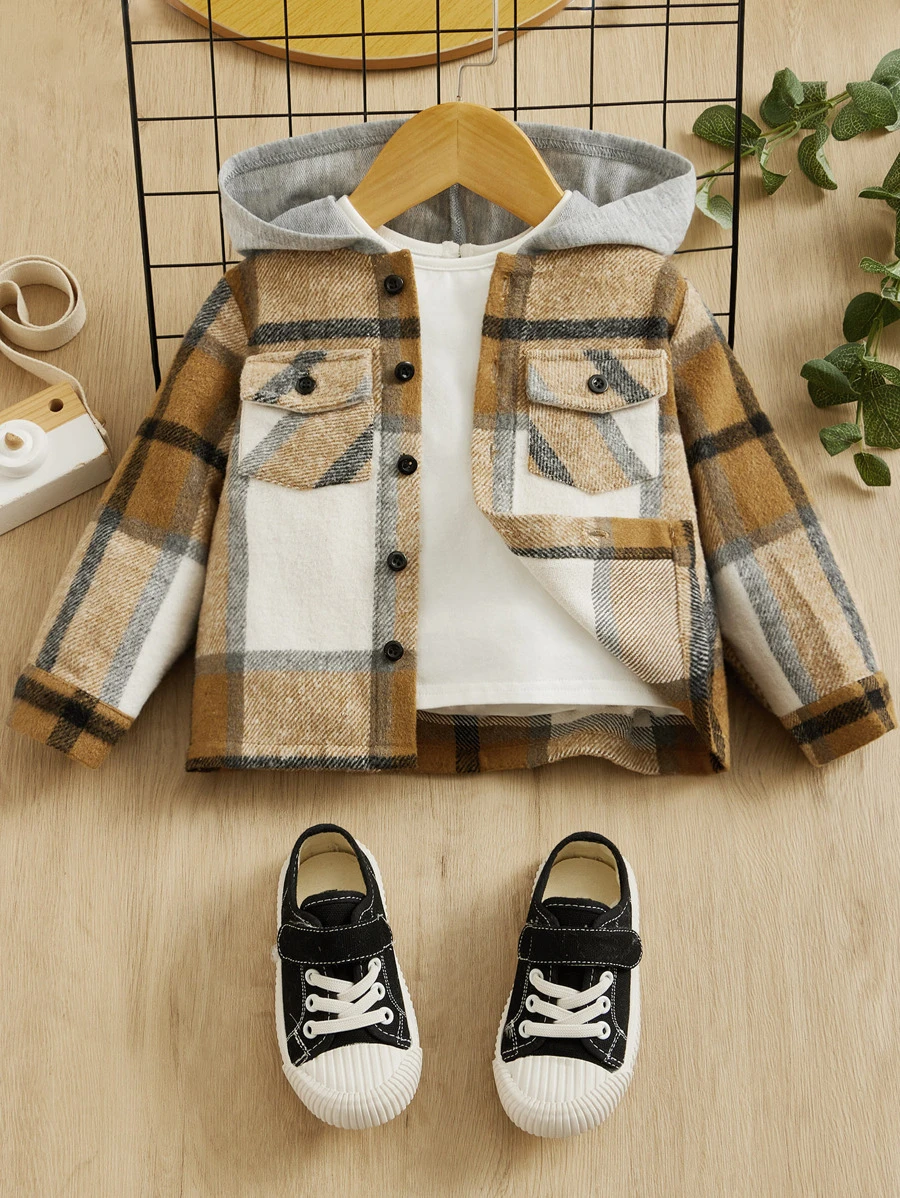 SHEIN 嬰兒1入組格紋翻蓋口袋連帽外套 - 棕色 - 查看 1