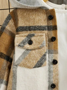 SHEIN 嬰兒1入組格紋翻蓋口袋連帽外套 - 棕色 - 查看 5