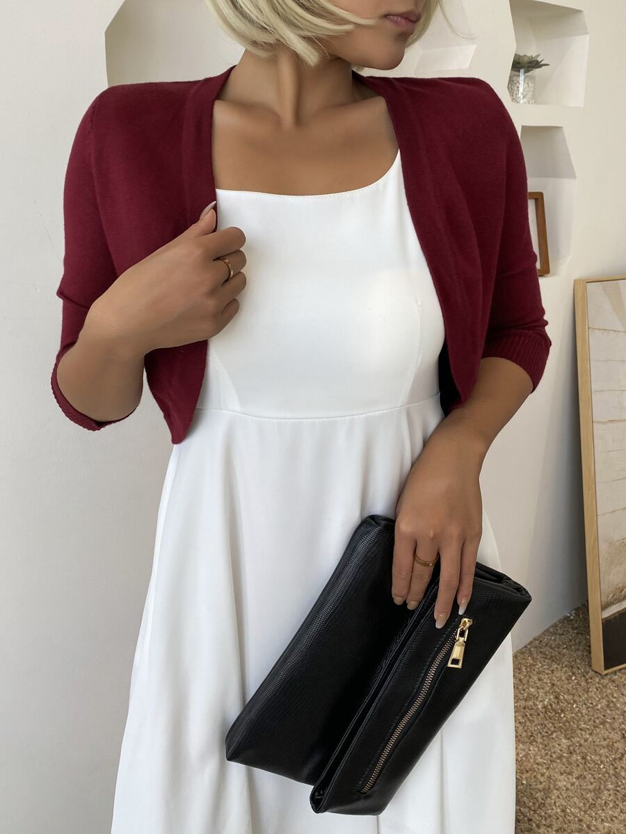 AAmilife Solid Open Front Crop Cardigan - Burgundy - View 1