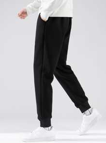 男士抽繩加絨內裏衛褲 - 黑色 - 查看 4