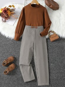 Girls Mock Neck Tee & Gingham Trousers - Multicolor - View 1