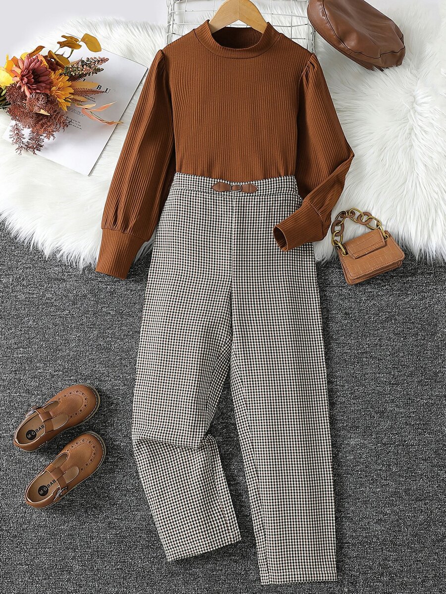 Girls Mock Neck Tee & Gingham Trousers - Multicolor - View 1