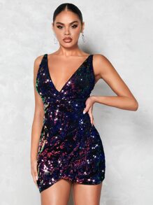 SHEIN BAE Giáng sinh Cổ Lao Kim sa Váy bodycon - Màu xanh hải quân - Xem 1