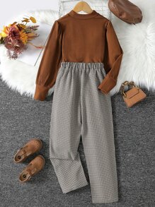Girls Mock Neck Tee & Gingham Trousers - Multicolor - View 2