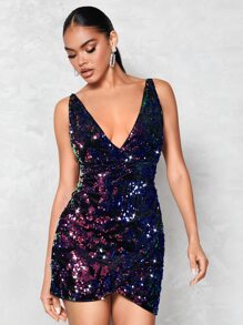 SHEIN BAE Giáng sinh Cổ Lao Kim sa Váy bodycon - Màu xanh hải quân - Xem 6