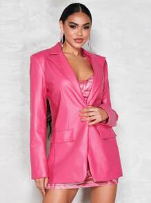 SHEIN BAE 西裝領翻蓋細節PU皮革西裝外套 - 粉色 - 查看 1