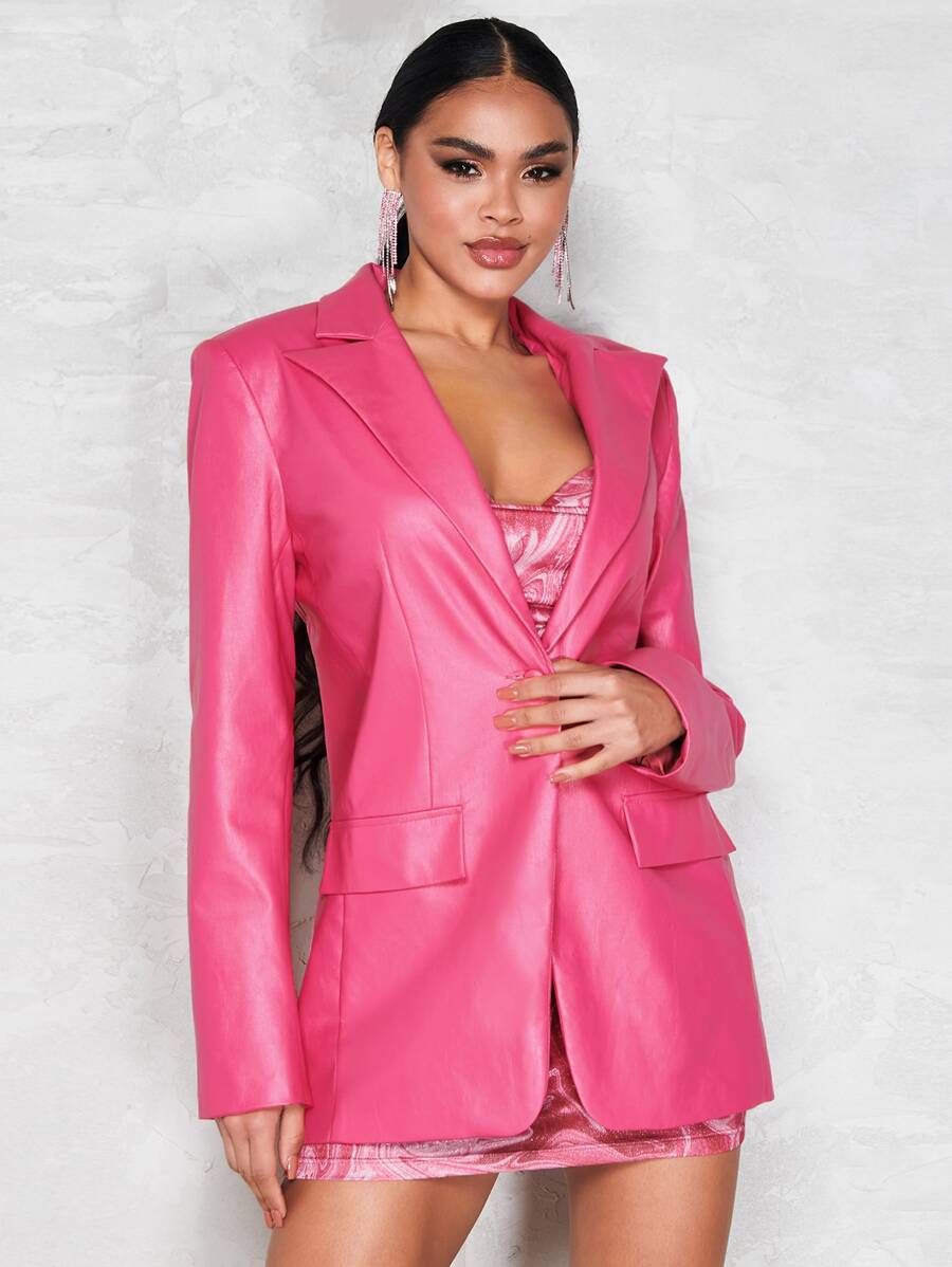 SHEIN BAE 西裝領翻蓋細節PU皮革西裝外套 - 粉色 - 查看 1