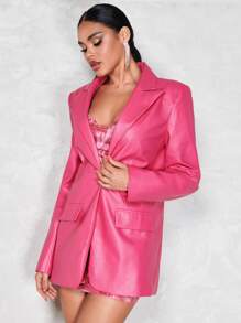 SHEIN BAE 西裝領翻蓋細節PU皮革西裝外套 - 粉色 - 查看 4
