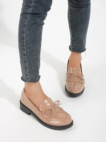 蝴蝶結裝飾流蘇細節平底樂福鞋,卡其色優雅流蘇裝飾,蝴蝶結設計素色樂福鞋 - 卡其色 - 查看 4