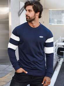 Men Letter Patched Contrast Panel Sweatshirt - Navy Blue - View 1