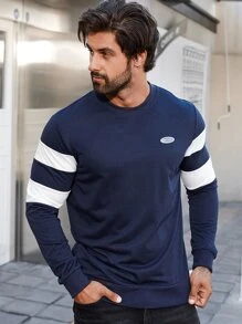 Men Letter Patched Contrast Panel Sweatshirt - Navy Blue - View 3