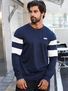 Men Letter Patched Contrast Panel Sweatshirt - Navy Blue - View 5