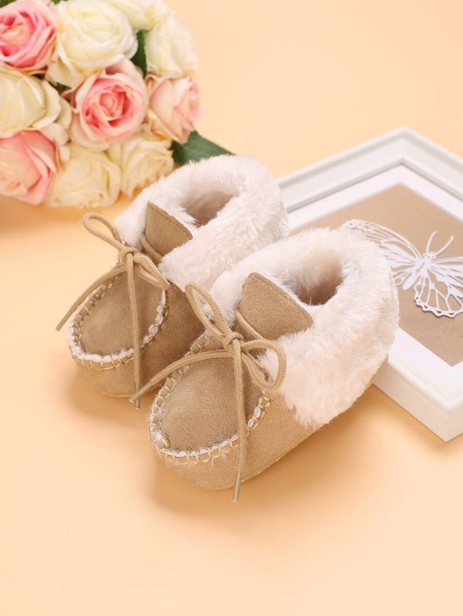 Baby Bow Decor Contrast Fluffy Sneakers - Apricot - View 1