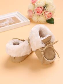 Baby Bow Decor Contrast Fluffy Sneakers - Apricot - View 4