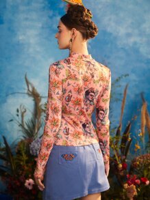 Frida Kahlo X SHEIN Mock Neck Figure & Floral Print Tee - Multicolor - View 2