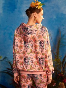 Frida Kahlo X SHEIN Floral Print Drop Shoulder Drawstring Hoodie - Coral Pink - View 2