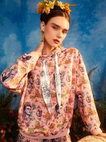 Frida Kahlo X SHEIN Floral Print Drop Shoulder Drawstring Hoodie - Coral Pink - View 3