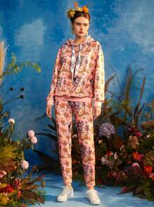 Frida Kahlo X SHEIN Floral Print Drop Shoulder Drawstring Hoodie - Coral Pink - View 4