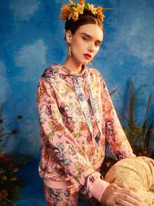Frida Kahlo X SHEIN Floral Print Drop Shoulder Drawstring Hoodie - Coral Pink - View 6
