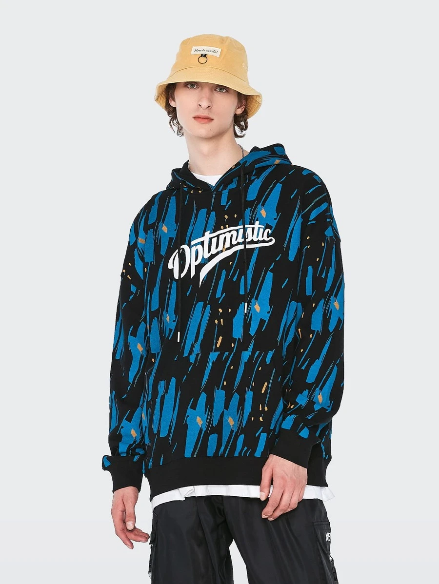 Men Letter & Brush Print Drop Shoulder Drawstring Hoodie - Multicolor - View 1