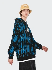 Men Letter & Brush Print Drop Shoulder Drawstring Hoodie - Multicolor - View 3