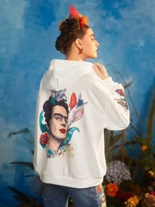 Frida Kahlo X SHEIN 人像和花卉圖案抽繩連帽衫 - 白色 - 查看 1