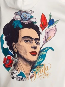 Frida Kahlo X SHEIN 人像和花卉圖案抽繩連帽衫 - 白色 - 查看 3