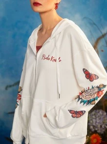Frida Kahlo X SHEIN 人像和花卉圖案抽繩連帽衫 - 白色 - 查看 5