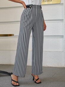 SHEIN Clasi Houndstooth Print Wide Leg Pants - Black and White - View 3