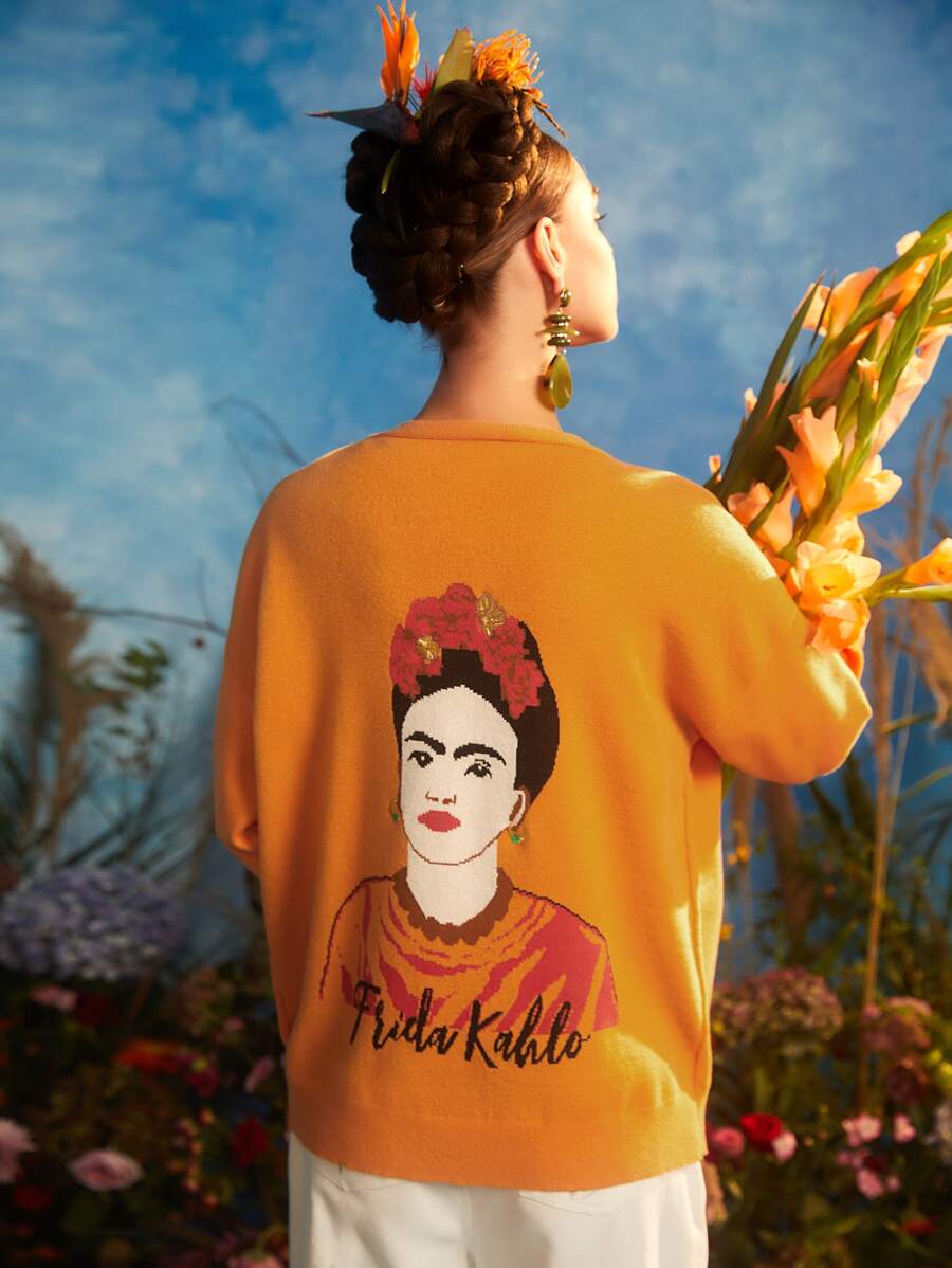 Frida Kahlo X SHEIN Cárdigan con patrón de letra & de figura