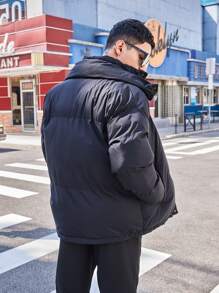 Men Letter Graphic Drawstring Hem Padded Coat - Black - View 7