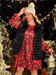 SHEIN Unity Áo khoác xuống Plus Size Túi Dây kéo màu trơn Giải trí - màu đen - Xem 1