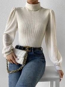 SHEIN Privé Turtleneck Lantern Sleeve Top - Apricot - View 1