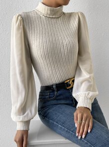 SHEIN Privé Turtleneck Lantern Sleeve Top - Apricot - View 4