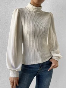 SHEIN Privé Turtleneck Lantern Sleeve Top - Apricot - View 6