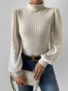 SHEIN Privé Turtleneck Lantern Sleeve Top - Apricot - View 7