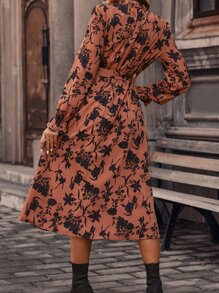 SHEIN LUNE Floral Print Flounce Sleeve Ruffle Hem Belted Dress - Burnt Orange - View 5