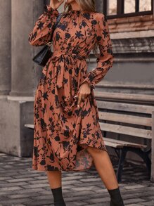SHEIN LUNE Floral Print Flounce Sleeve Ruffle Hem Belted Dress - Burnt Orange - View 3