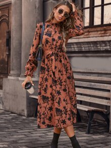 SHEIN LUNE Floral Print Flounce Sleeve Ruffle Hem Belted Dress - Burnt Orange - View 6