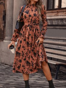 SHEIN LUNE Floral Print Flounce Sleeve Ruffle Hem Belted Dress - Burnt Orange - View 2