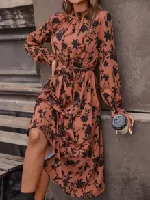 SHEIN LUNE Floral Print Flounce Sleeve Ruffle Hem Belted Dress - Burnt Orange - View 1