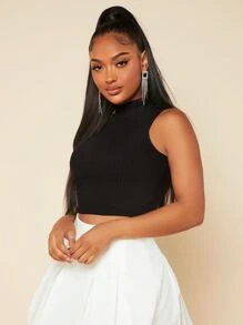 SHEIN SXY Solid High Neck Tank Top - Black - View 3