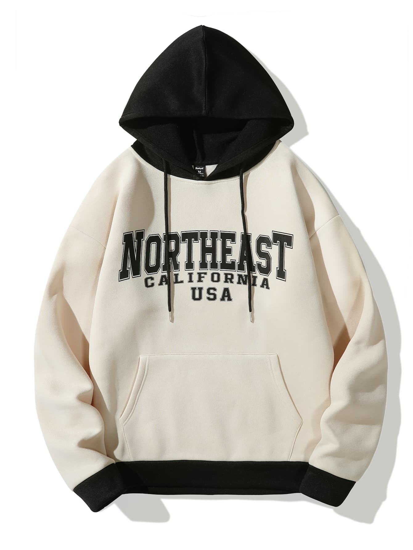 ROMWE MEN Guys Letter Graphic Kangaroo Pocket Drawstring Thermal Hoodie - Khaki - View 1