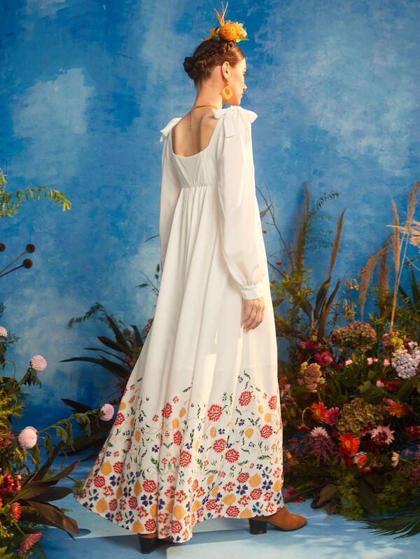 Frida Kahlo X SHEIN X Designer Oxana Floral Print Square Neck Lantern