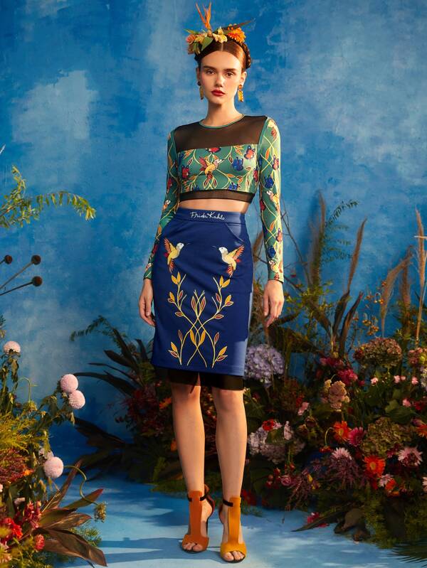 Frida Kahlo X SHEIN X Designer Close Ties Sheer Mesh Insert Floral