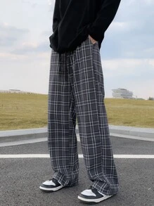 ROMWE MEN Guys Plaid Print Drawstring Waist Pants - Grey - View 1