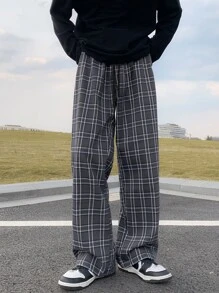 ROMWE MEN Guys Plaid Print Drawstring Waist Pants - Grey - View 3